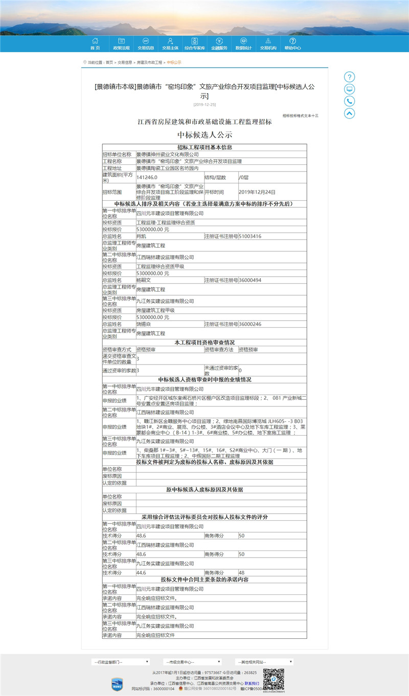 景德鎮(zhèn)市“窯塢印象”文旅產(chǎn)業(yè)綜合開(kāi)發(fā)項(xiàng)目監(jiān)理[中標(biāo)候選人公示]