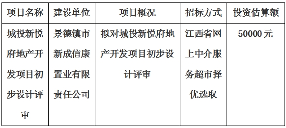 城投新悅府地產(chǎn)開發(fā)項(xiàng)目初步設(shè)計(jì)評(píng)審計(jì)劃公告