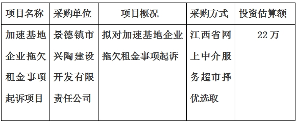 加速基地企業(yè)拖欠租金事項(xiàng)起訴項(xiàng)目計(jì)劃公告