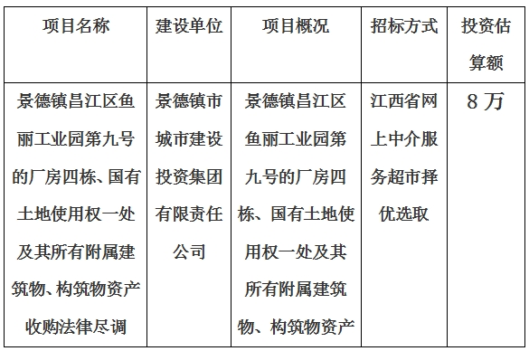 景德鎮(zhèn)昌江區(qū)魚麗工業(yè)園第九號的廠房四棟、國有土地使用權(quán)一處及其所有附屬建筑物、構(gòu)筑物資產(chǎn)收購法律盡調(diào)項(xiàng)目計(jì)劃公告