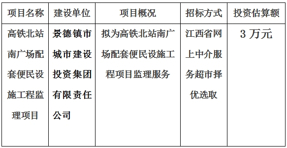 高鐵北站南廣場配套便民設(shè)施工程監(jiān)理項(xiàng)目計(jì)劃公告