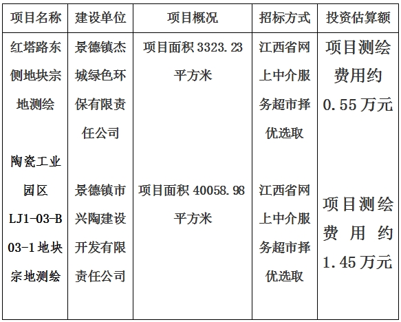 景德鎮(zhèn)市紅塔路東側(cè)地塊宗地測繪項(xiàng)目及陶瓷工業(yè)園區(qū)LJ1-03-B03-1地塊宗地測繪項(xiàng)目計(jì)劃公告