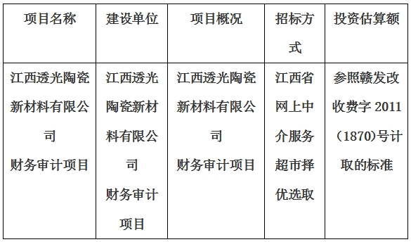 江西透光陶瓷新材料有限公司財務(wù)審計項目財務(wù)審計項目計劃公告