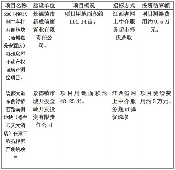 景德鎮(zhèn)市206國道北側(cè)二亭村西側(cè)地塊（新城嘉苑安置房）辦理房屋不動產(chǎn)權(quán)證房產(chǎn)測繪項目、瓷都大道東側(cè)浮橋西路南側(cè)地塊（格蘭云天大酒店）在建工程抵押房產(chǎn)測繪項目計劃公告