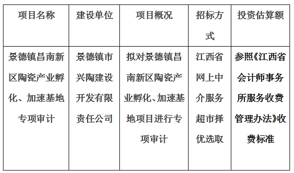 景德鎮(zhèn)市興陶建設(shè)開(kāi)發(fā)有限責(zé)任公司加速基地及孵化基地專項(xiàng)審計(jì)項(xiàng)目計(jì)劃公告