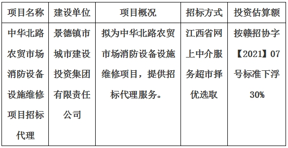 中華北路農(nóng)貿(mào)市場消防設(shè)備設(shè)施維修項目招標(biāo)代理計劃公告