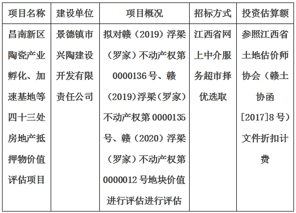 昌南新區(qū)陶瓷產(chǎn)業(yè)孵化、加速基地等四十三處房地產(chǎn)抵押物價值評估單位選取計劃公告