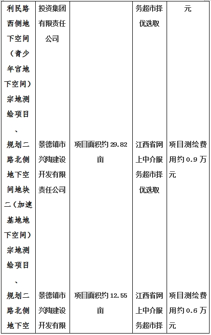 景德鎮(zhèn)市昌南新區(qū)LJ1-03-A01-1地塊、瓷都大道東側(cè)中渡口地下空間（格蘭云天大酒店地下空間）、光明大道北側(cè)利民路西側(cè)地下空間（青少年宮地下空間）、規(guī)劃二路北側(cè)地下空間地塊二（加速基地地下空間）、規(guī)劃二路北側(cè)地下空間地塊一（加速基地地下空間）、景德大道南側(cè)天寶橋西側(cè)地塊、景興大道東側(cè)如意路北側(cè)地下空間(社會(huì)公共服務(wù)