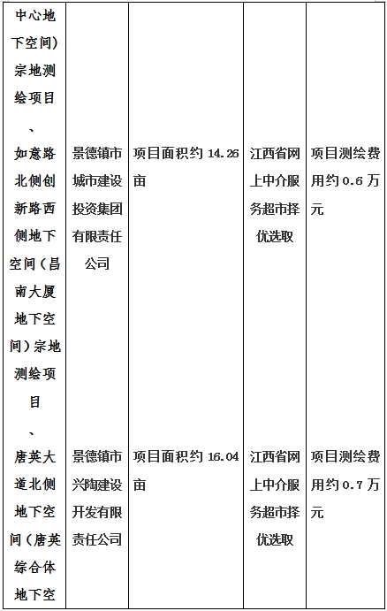 景德鎮(zhèn)市昌南新區(qū)LJ1-03-A01-1地塊、瓷都大道東側(cè)中渡口地下空間（格蘭云天大酒店地下空間）、光明大道北側(cè)利民路西側(cè)地下空間（青少年宮地下空間）、規(guī)劃二路北側(cè)地下空間地塊二（加速基地地下空間）、規(guī)劃二路北側(cè)地下空間地塊一（加速基地地下空間）、景德大道南側(cè)天寶橋西側(cè)地塊、景興大道東側(cè)如意路北側(cè)地下空間(社會(huì)公共服務(wù)